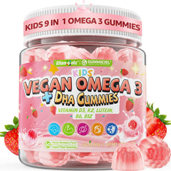 ELLAMENTZ Kids Omega-3 outer-shell gummies with strawberry center for easy daily nutrition.