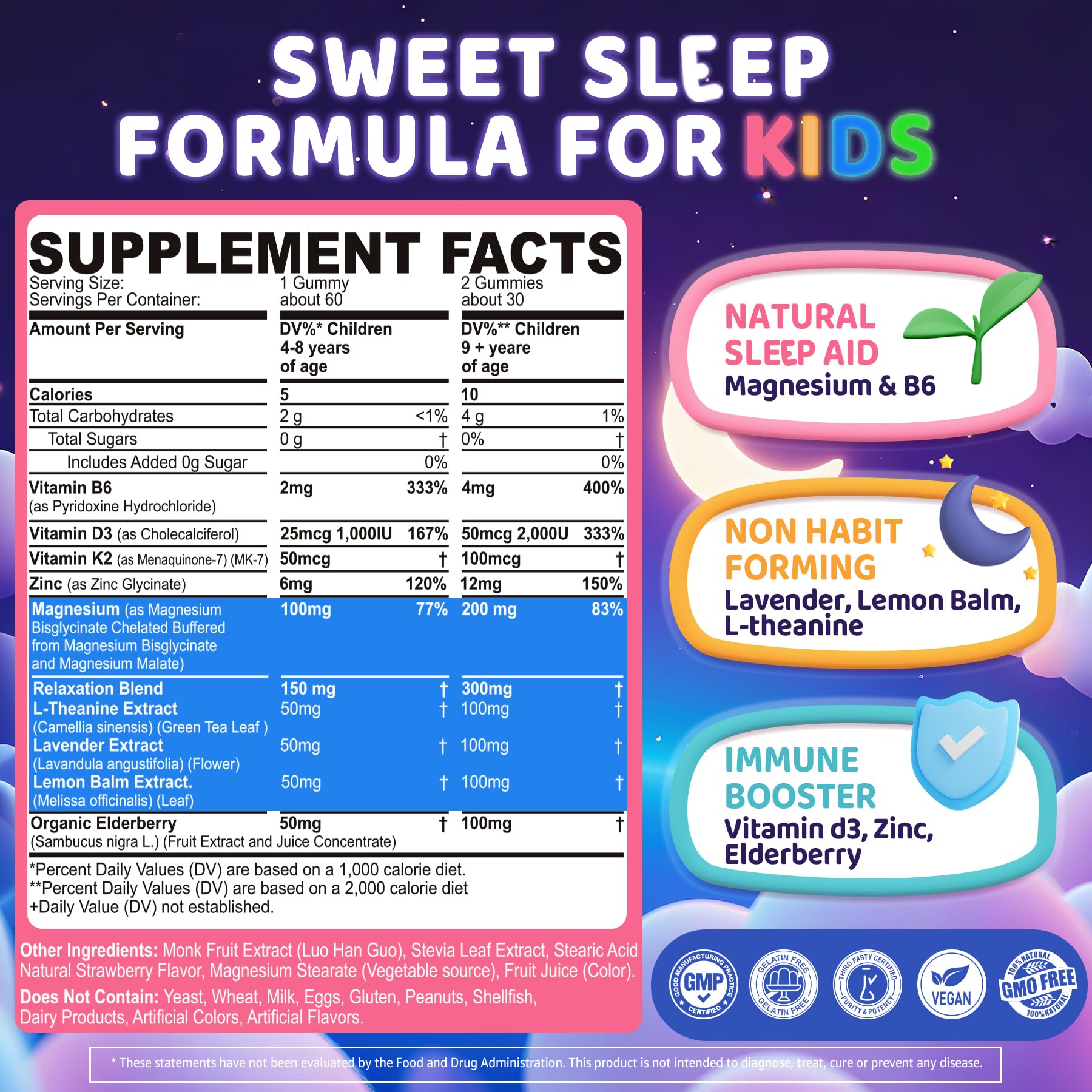 ELLAMENTZ Kids Sleep Gummies bottle back label detailing ingredients