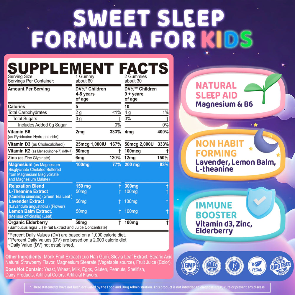 ELLAMENTZ Kids Sleep Gummies bottle back label detailing ingredients
