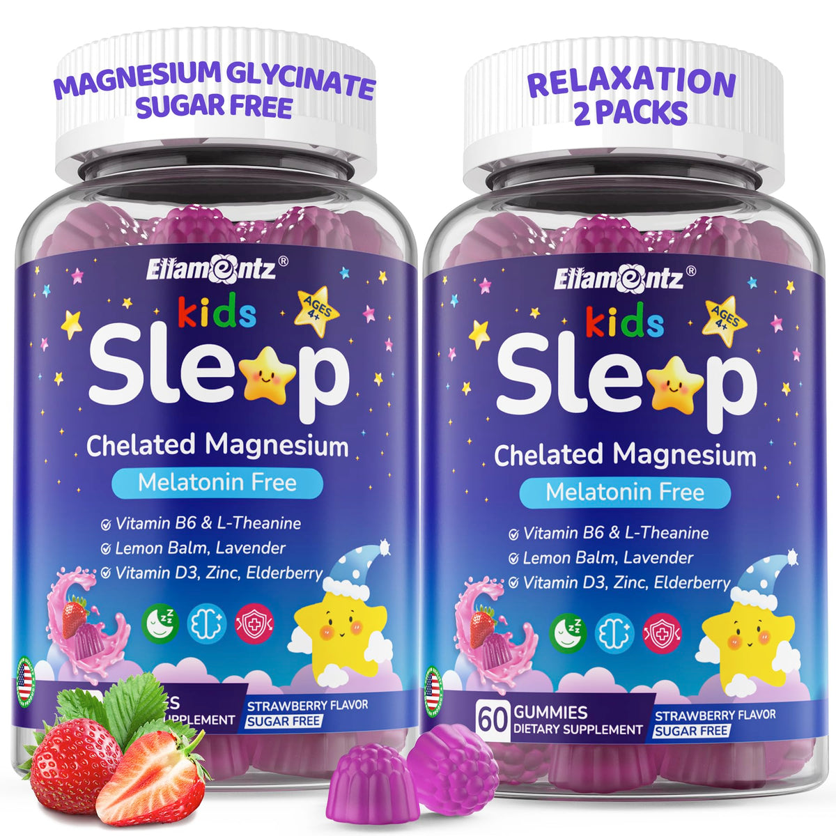 ELLAMENTZ Kids Sleep Gummies bottle front showing package and calm bedtime formula