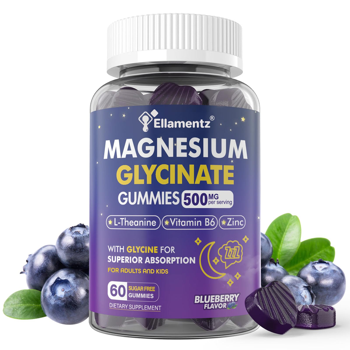 ELLAMENTZ magnesium gummies for kids bottle, blueberry flavor, supports calm evenings.