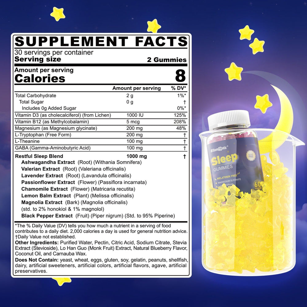ELLAMENTZ melatonin-free sleep gummies pour with blueberry flavor for a soothing nightly ritual