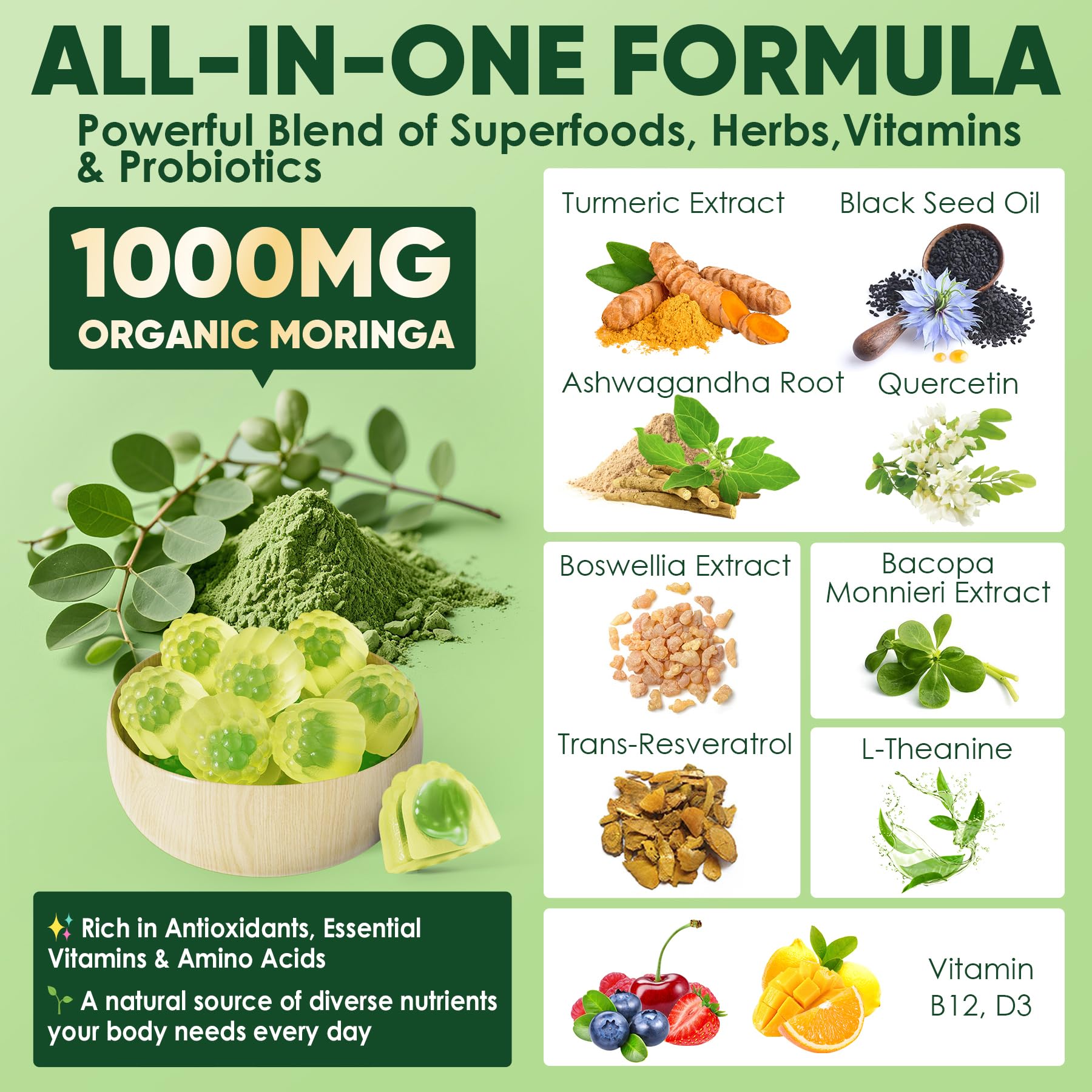 ELLAMENTZ Moringa Gummies with bacopa and L-Theanine for focus and calm