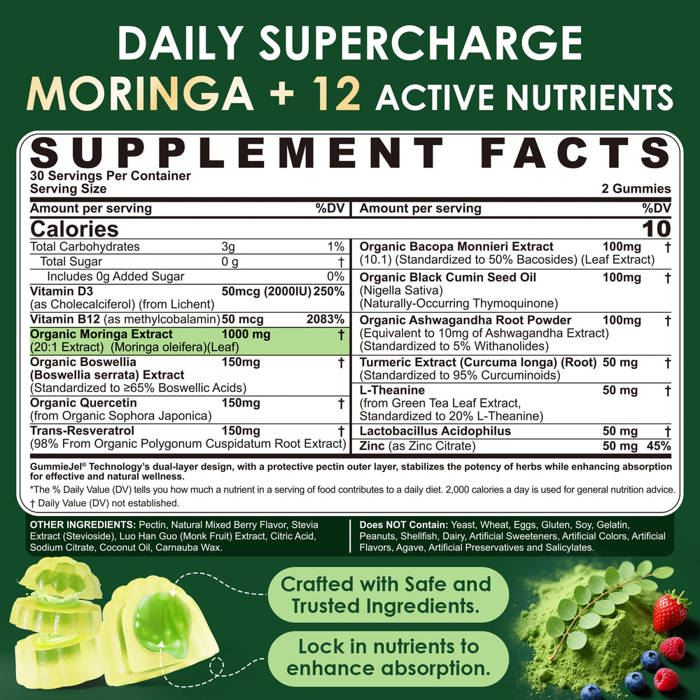 ELLAMENTZ Moringa Gummies berry outer layer highlights natural flavor and gentle digestion