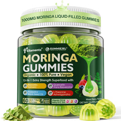 ELLAMENTZ Moringa Gummies liquid-core bottle emphasizes enhanced absorption