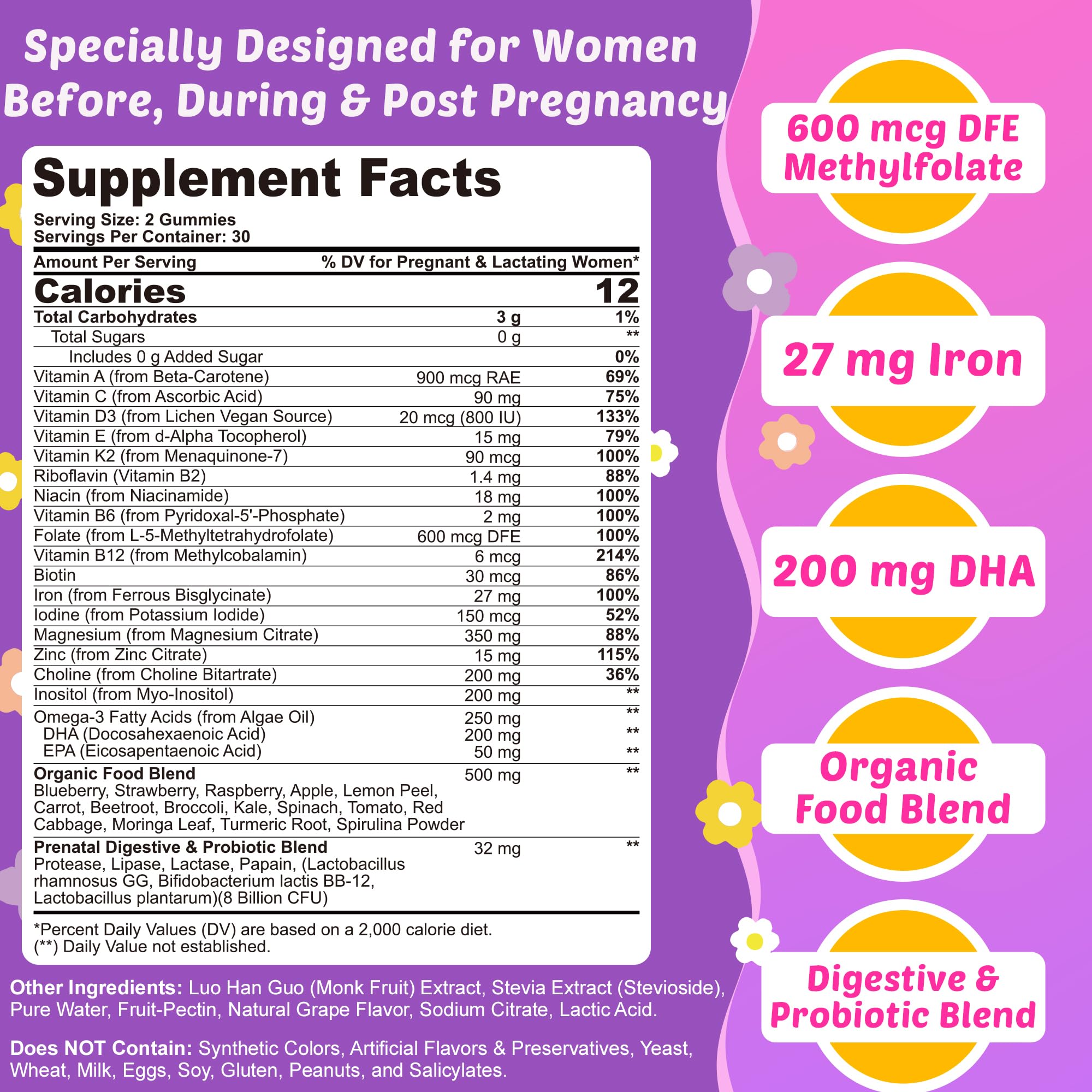Ellamentz Prenatal methylfolate ingredient highlights methylfolate for neural support