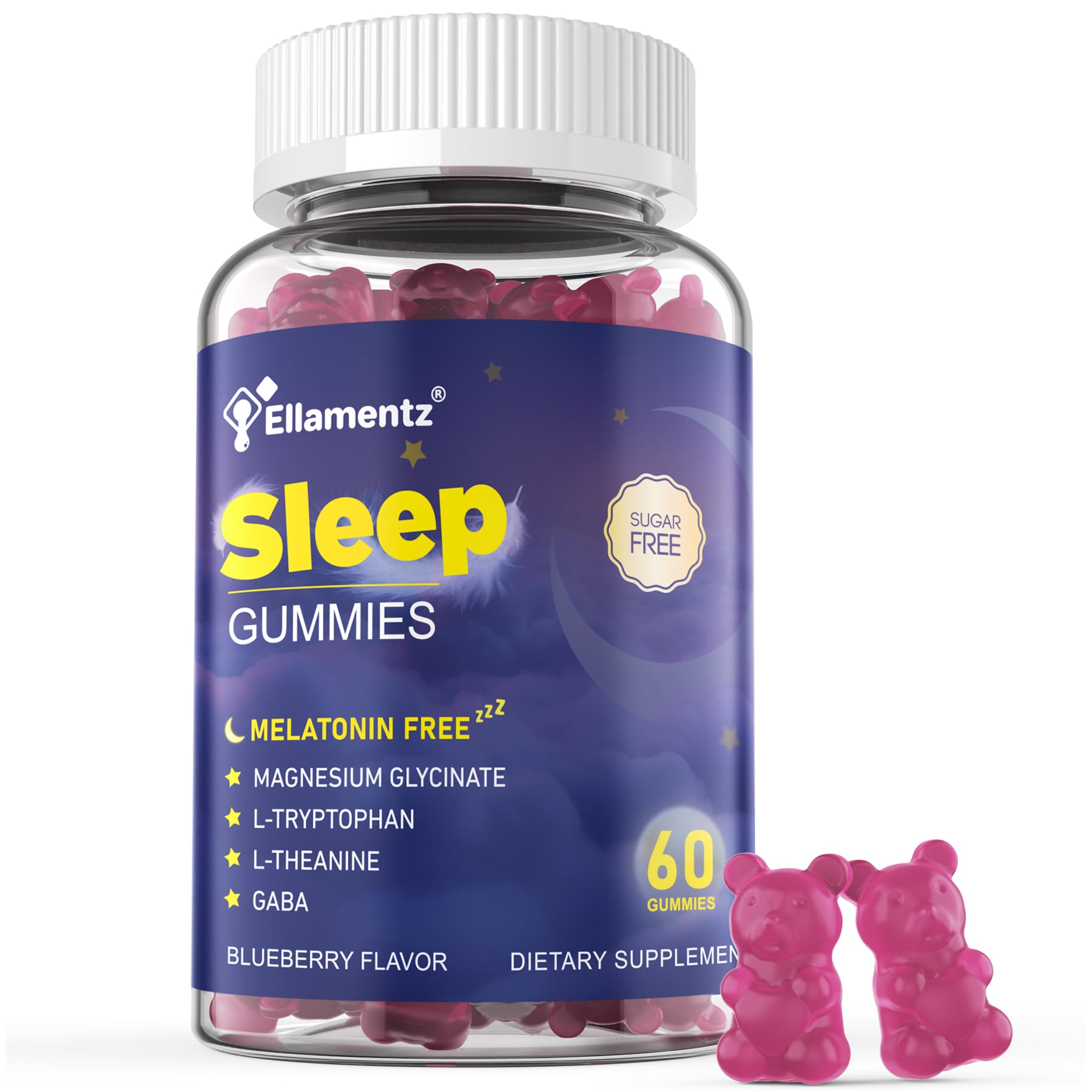 ELLAMENTZ Sleep Gummies blueberry flavor bottle promotes calm before bedtime