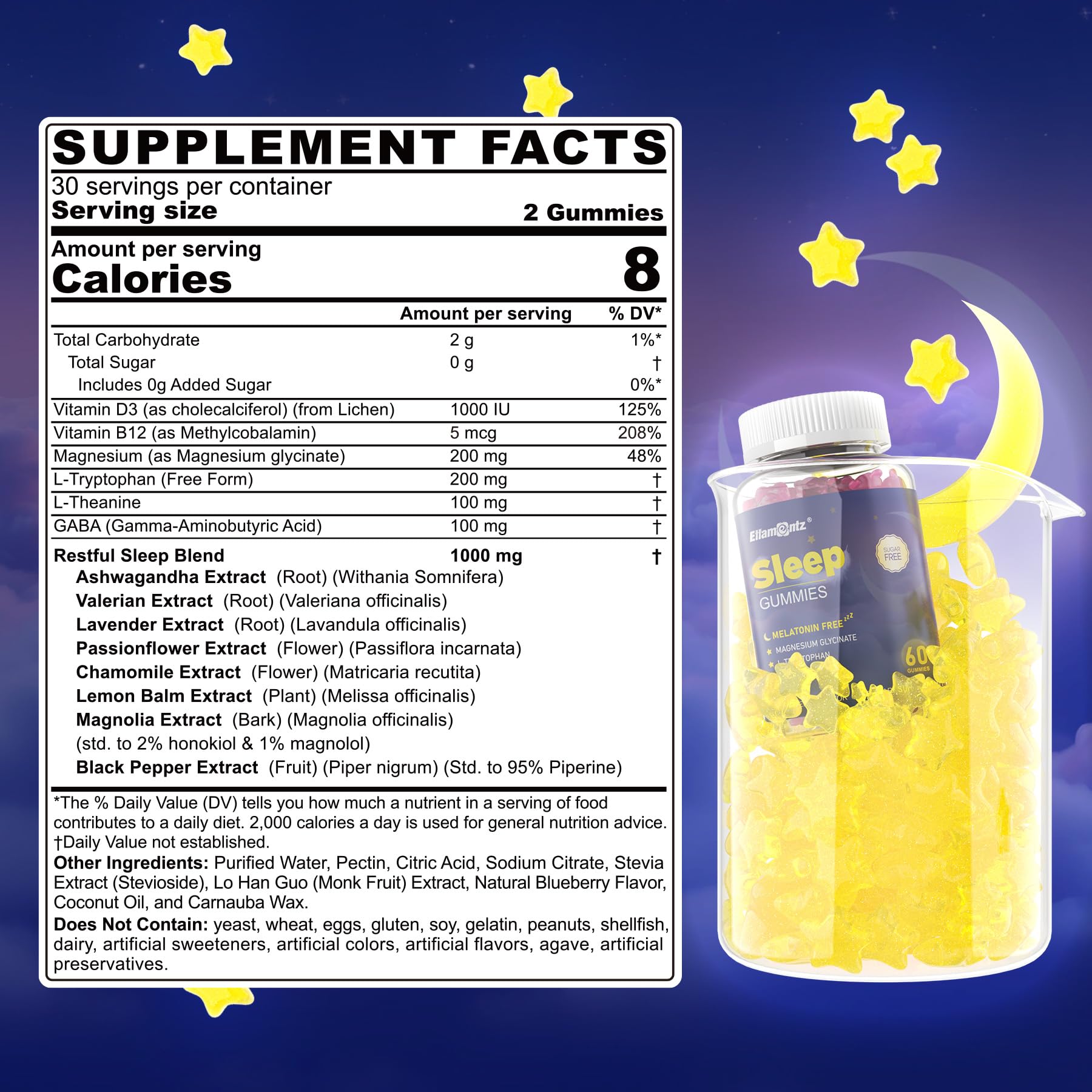 ELLAMENTZ Sleep Gummies packaging and label highlight natural ingredients