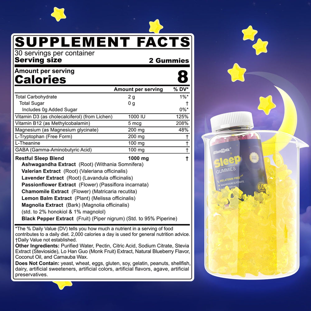 ELLAMENTZ Sleep Gummies packaging and label highlight natural ingredients