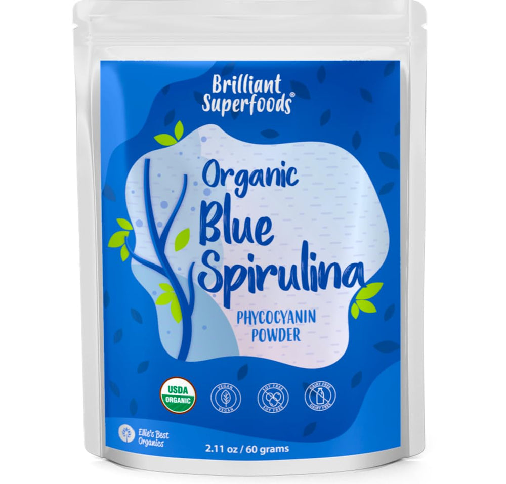 Ellie's Best blue spirulina powder bottle adds vibrant color to smoothies.