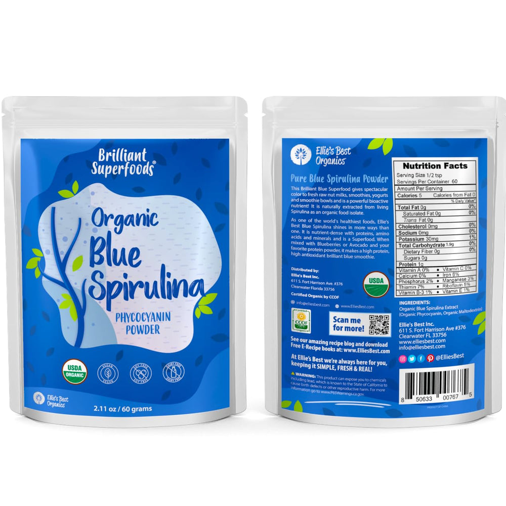 Nutrition label emphasizes organic, vegan status of Ellie's Best spirulina powder.