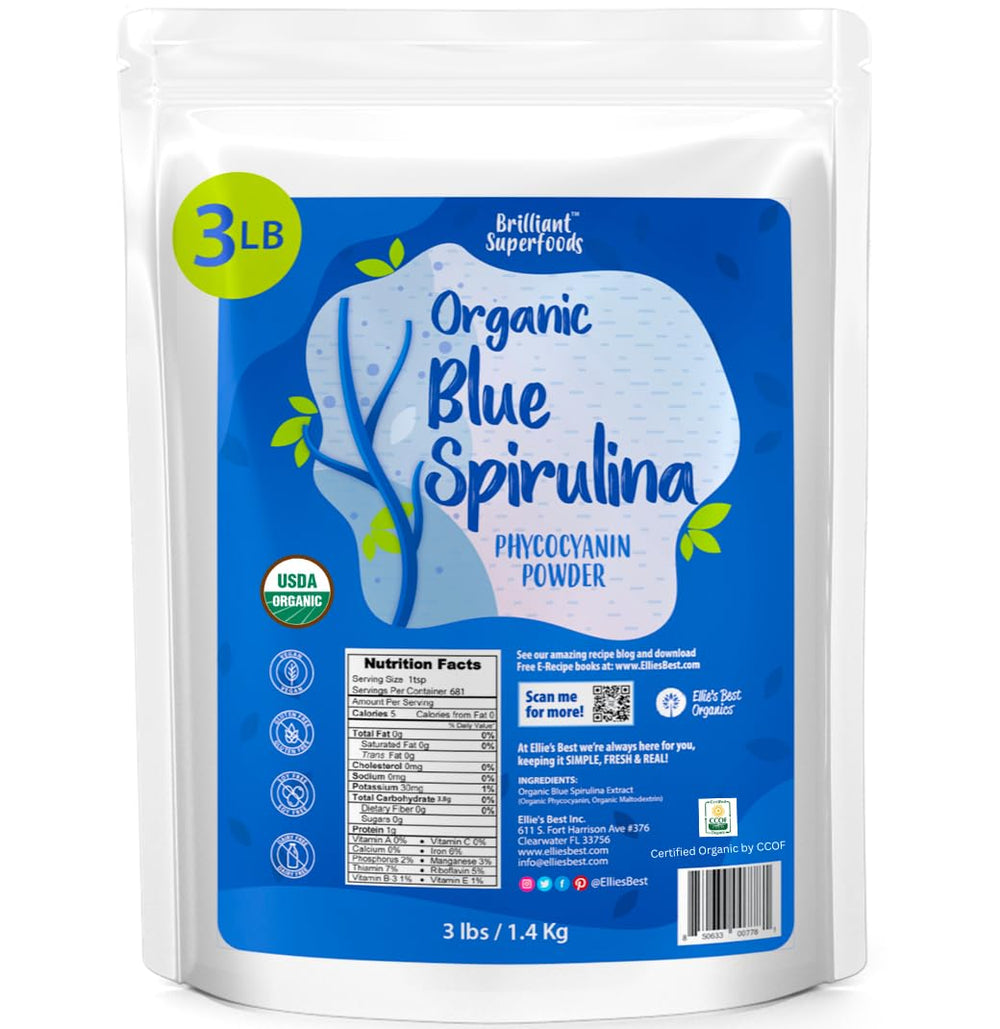Pouring Ellie's Best blue spirulina powder into a shake for vivid color.