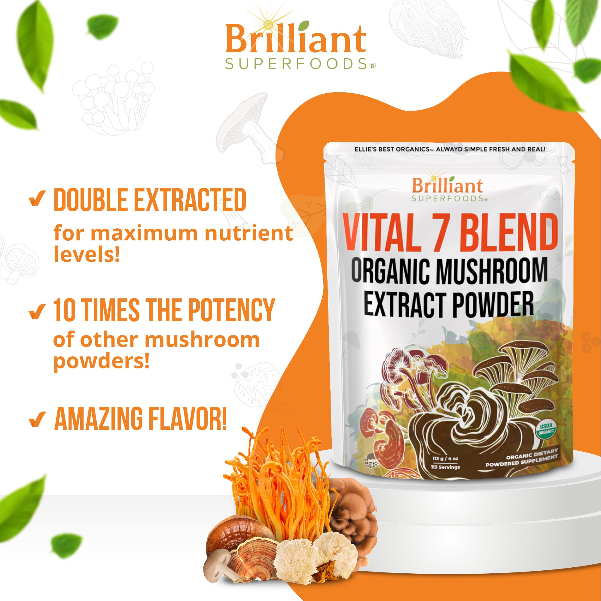 Ellie's Best organic blend label emphasizes seven mushrooms and purity.