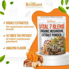 Ellie's Best organic blend label emphasizes seven mushrooms and purity.