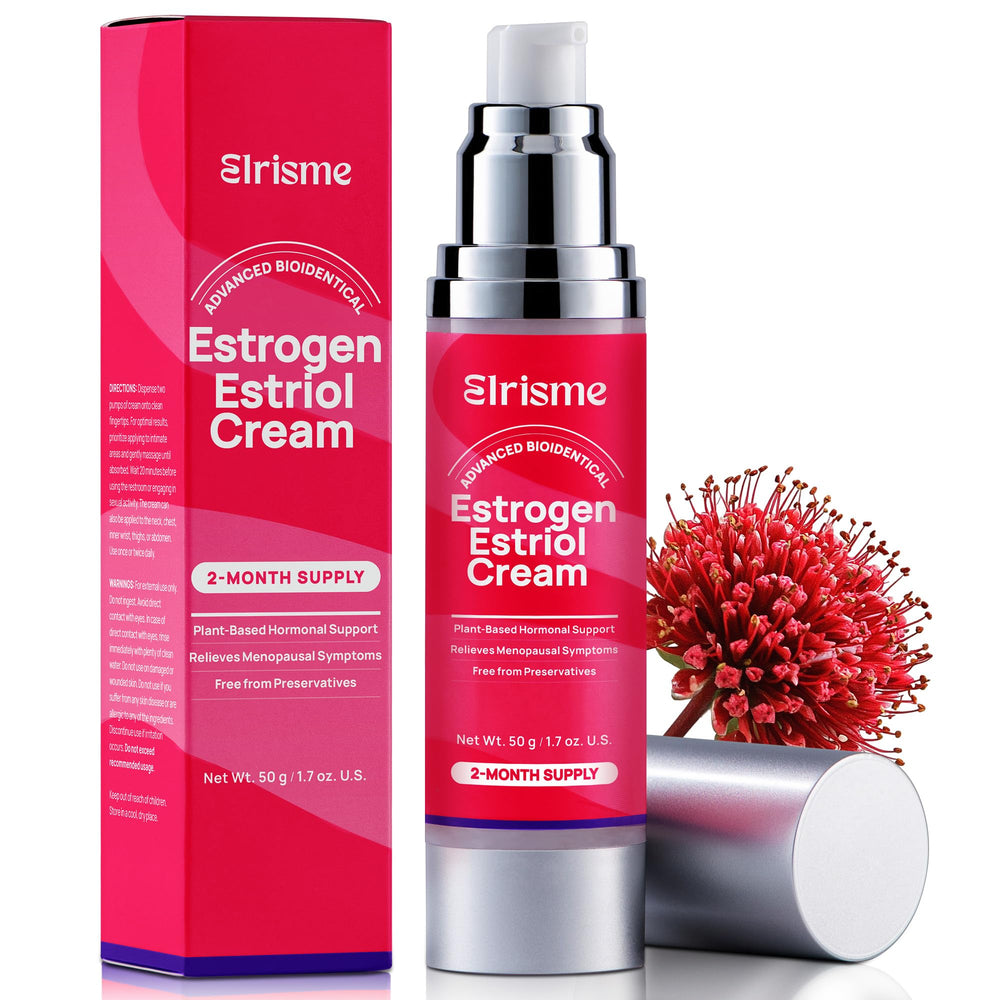 Elrisme Estriol Cream bottle with label, offering daily menopause support