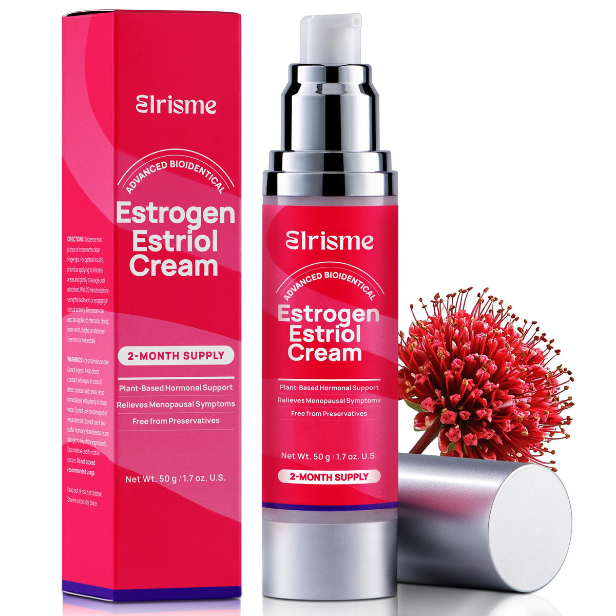 Elrisme Estriol Cream bottle with label, offering daily menopause support