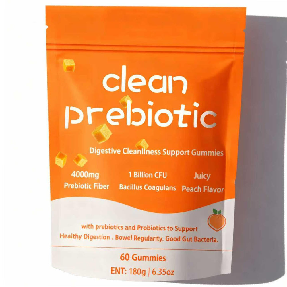 Elunara Clean Prebiotic Fiber Gummies for Men peach bottle emphasizing gut support and on-the-go health