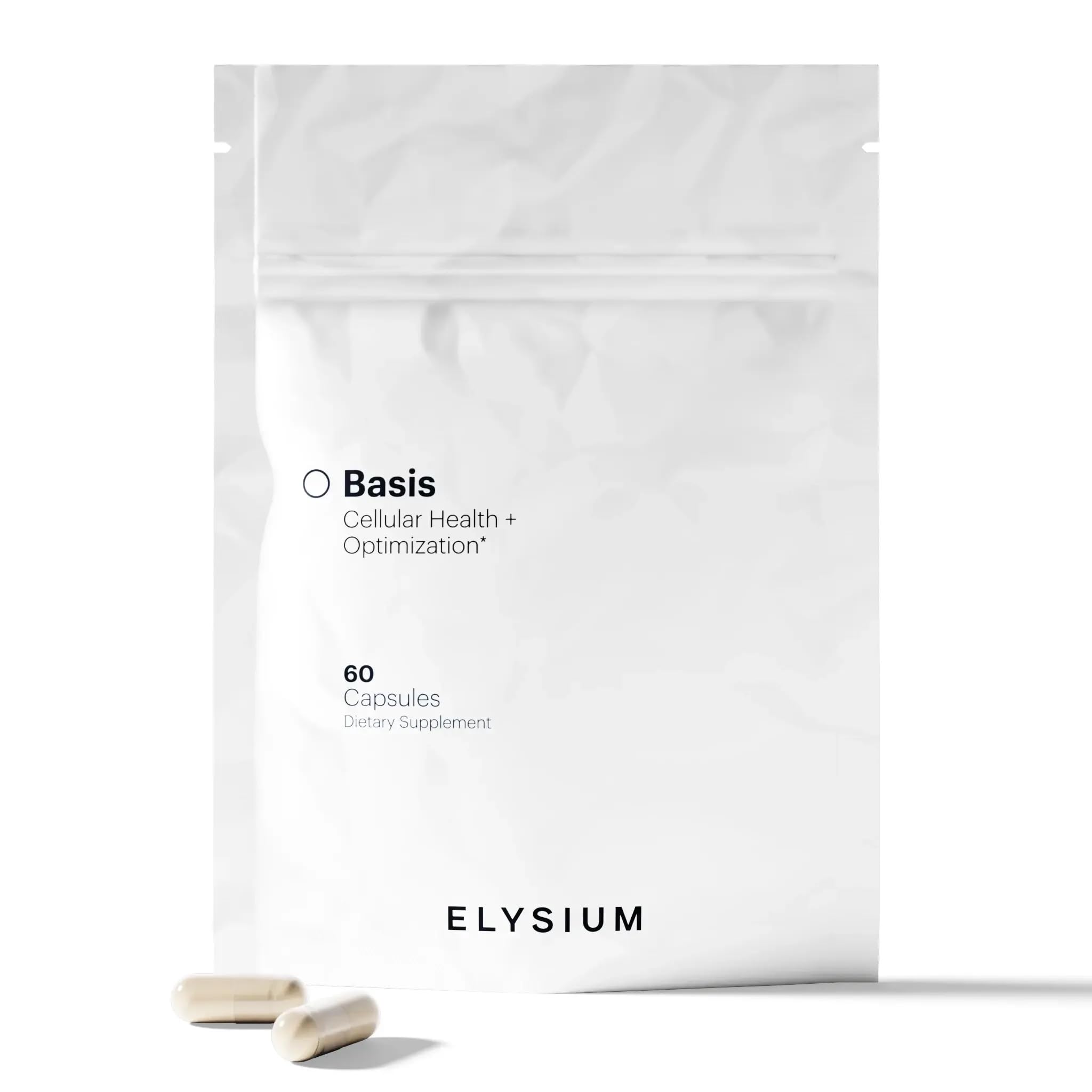 ELYSIUM Basis NAD+ bottle highlighting a convenient daily energy support.