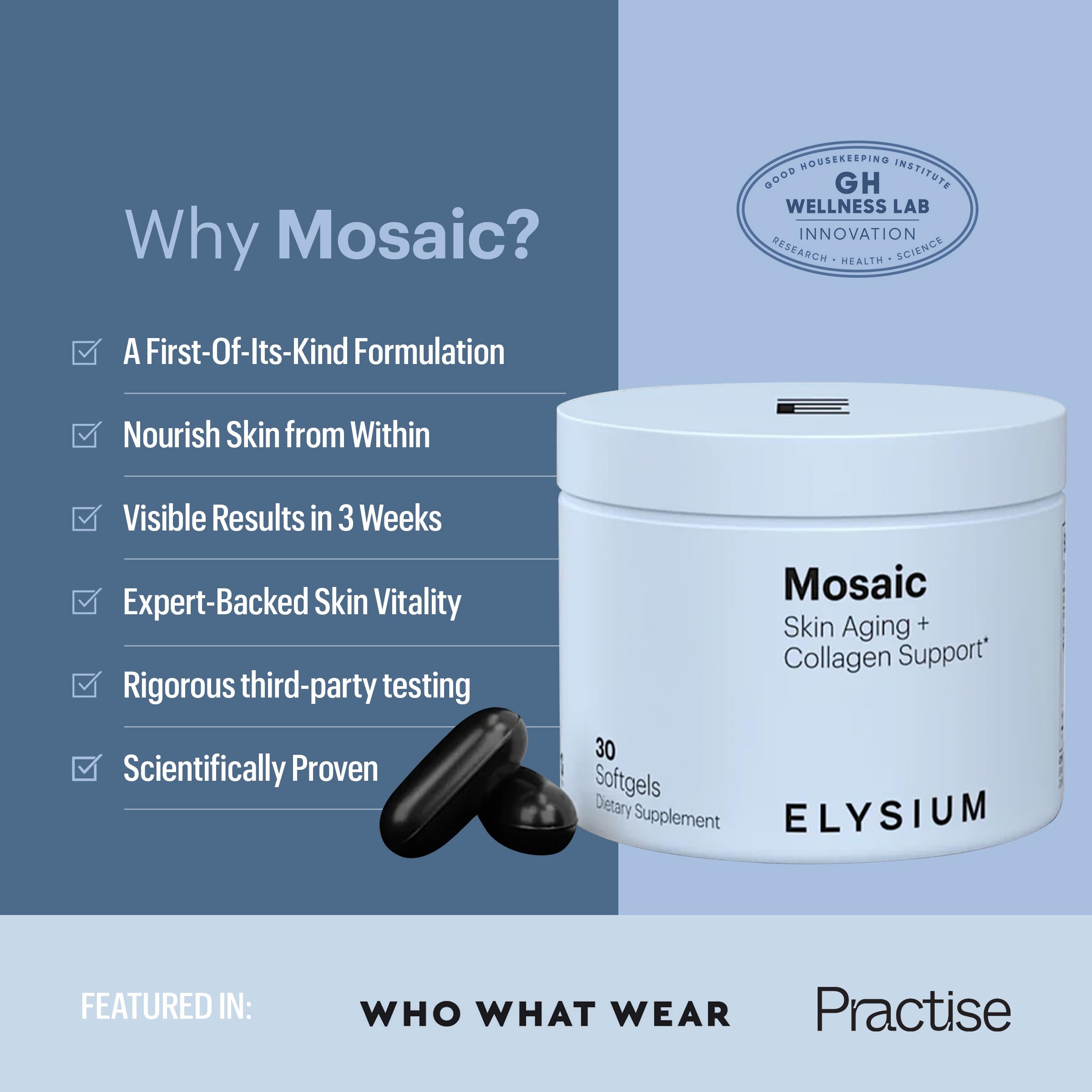ELYSIUM Mosaic morning routine setup with glass of water for daily intake.