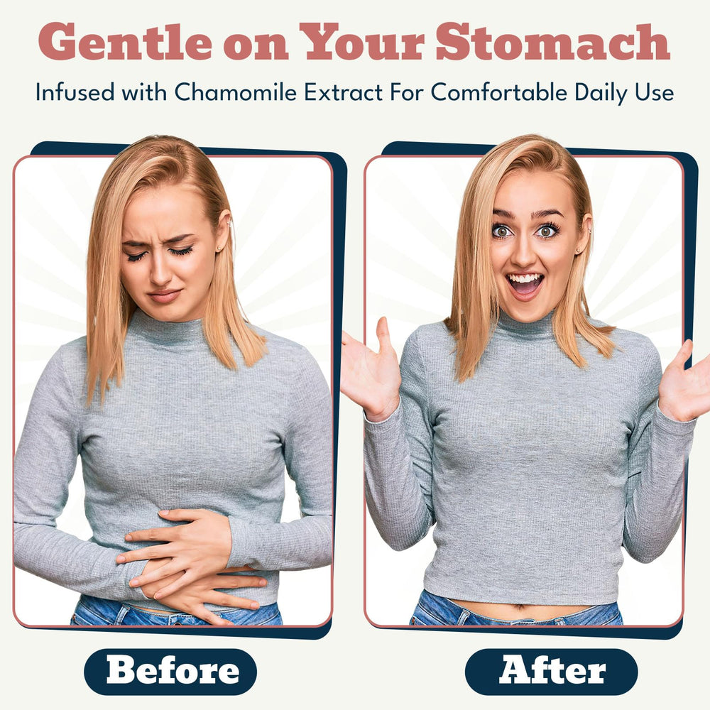 Chamomile extract illustration hints gentle soothing support for sensitive stomachs.