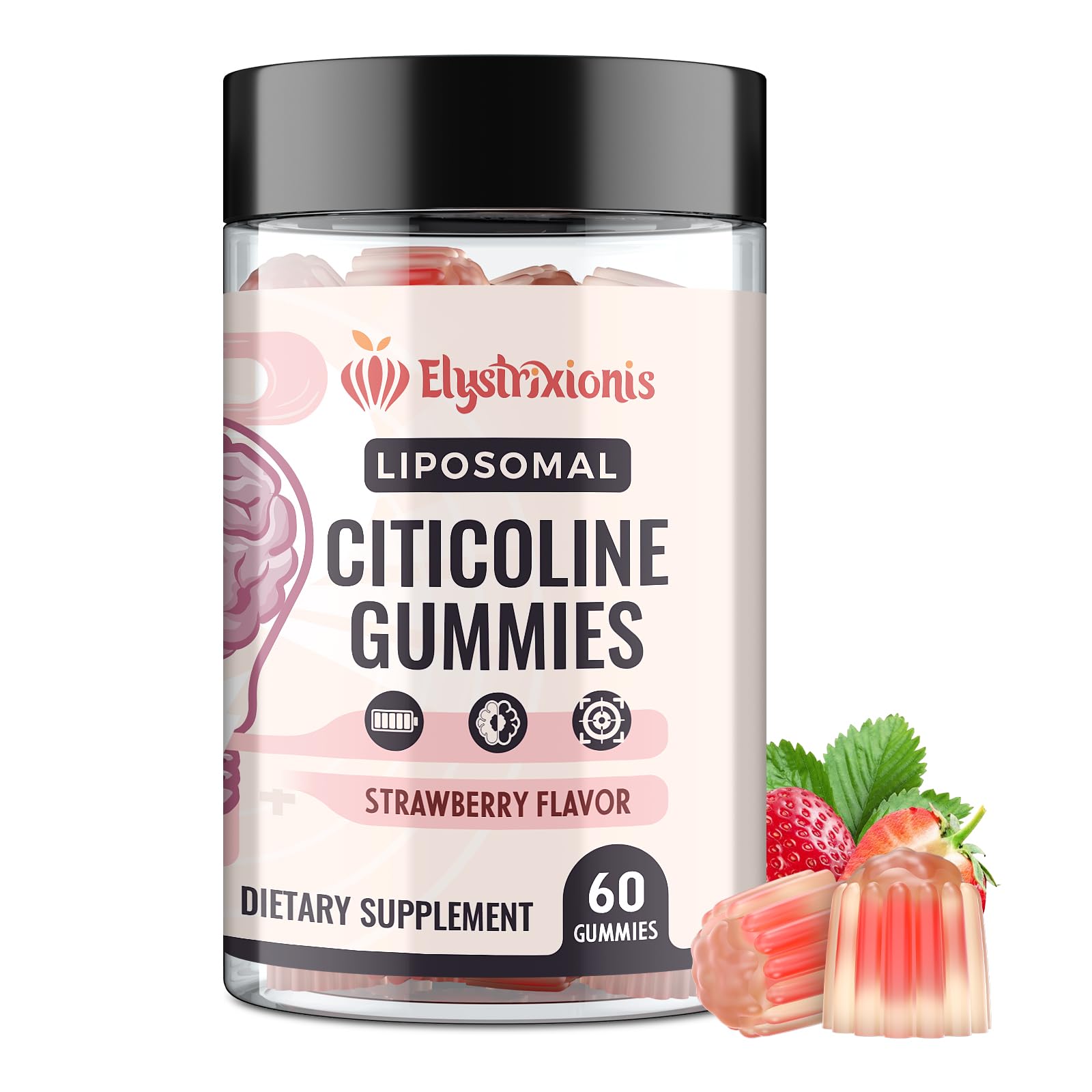 Elystrixionis Citicoline bottle closeup shows liposomal delivery for easy daily focus.