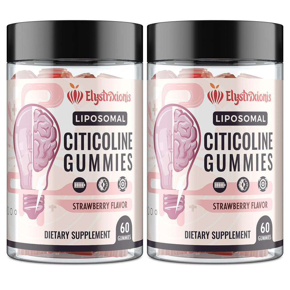 Elystrixionis Citicoline bottle with strawberry gummies for daily cognitive support.