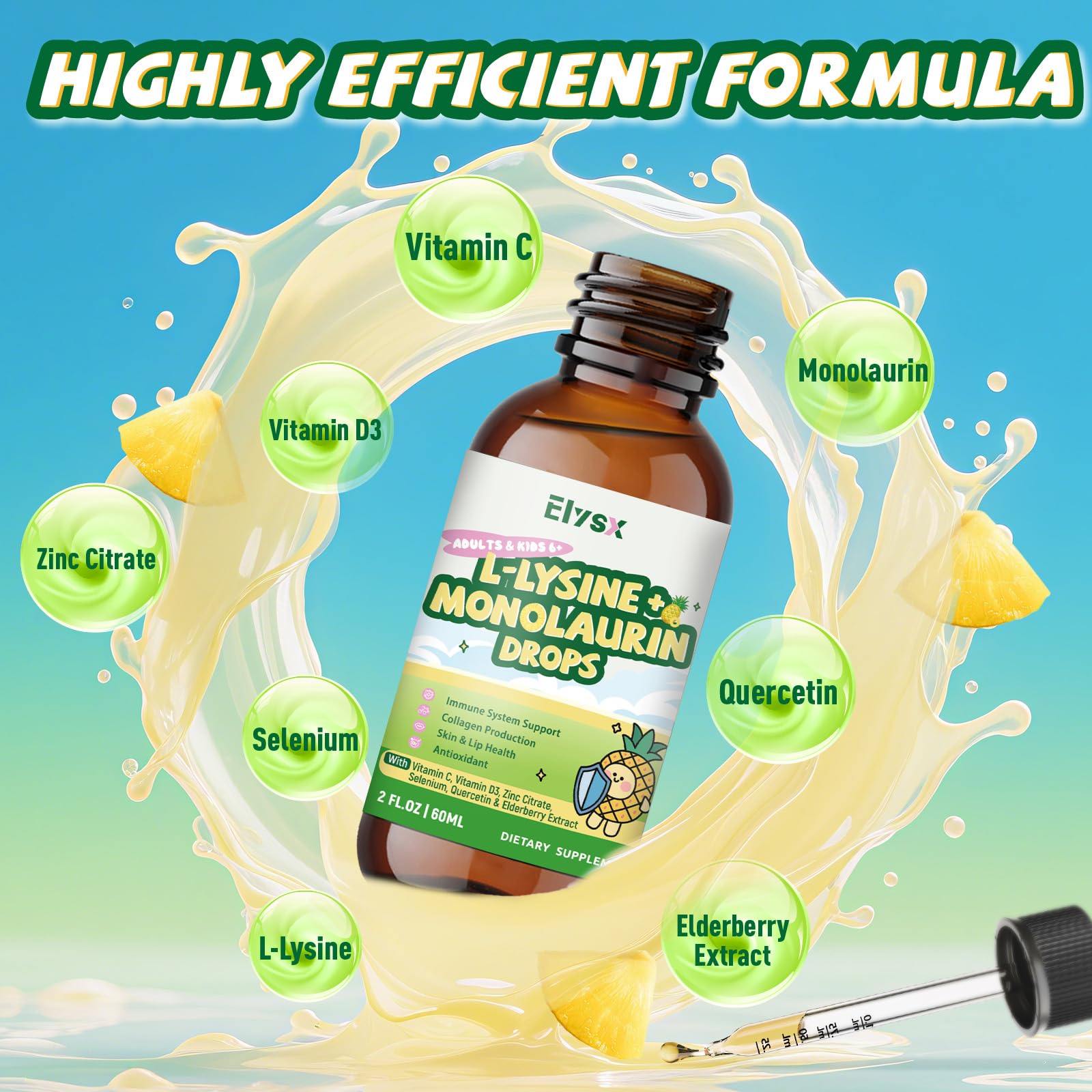 Elysx drops label highlights Vitamin C, D3, zinc and elderberry for daily wellness.