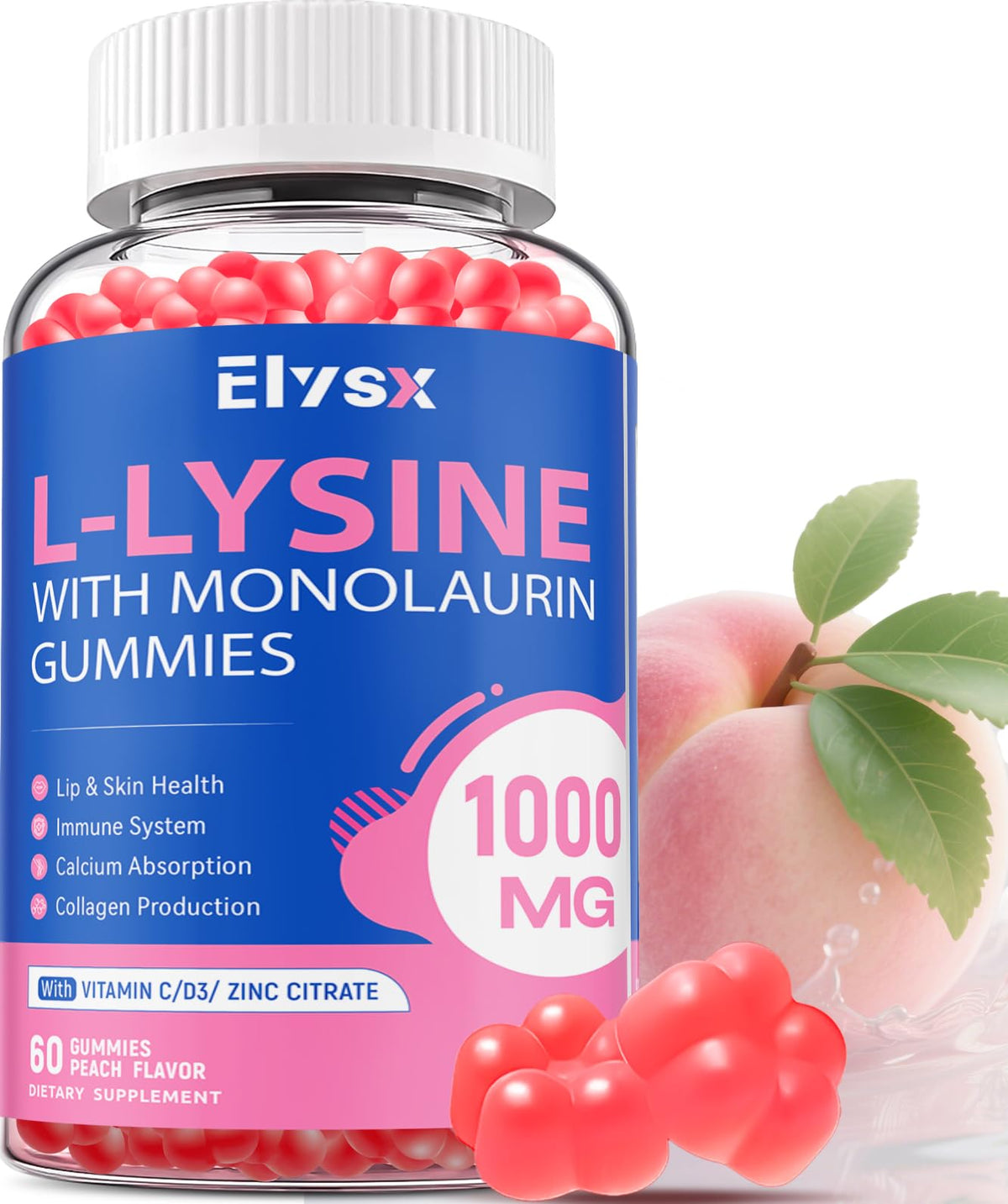Elysx L-Lysine Gummies peach bottle for convenient daily immune support.