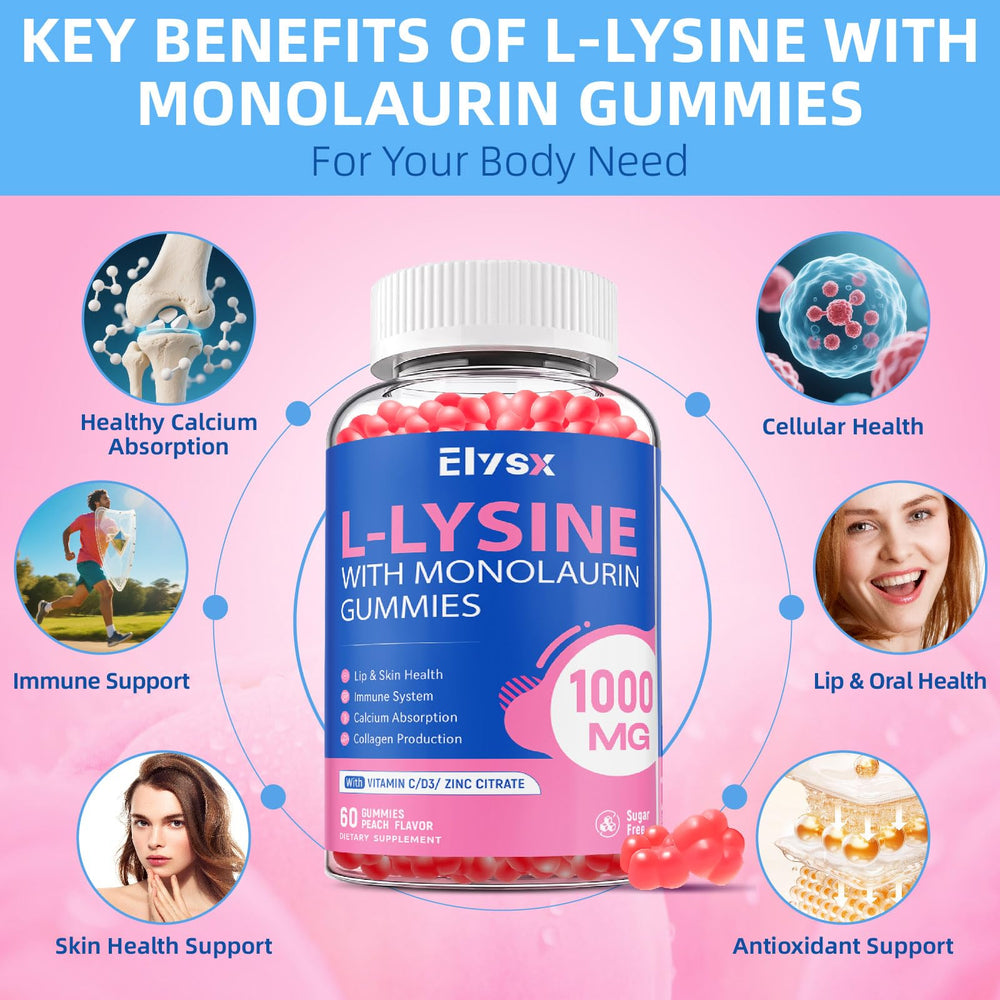 Elysx L-Lysine Gummies label detail with gluten-free and non-GMO ingredients.