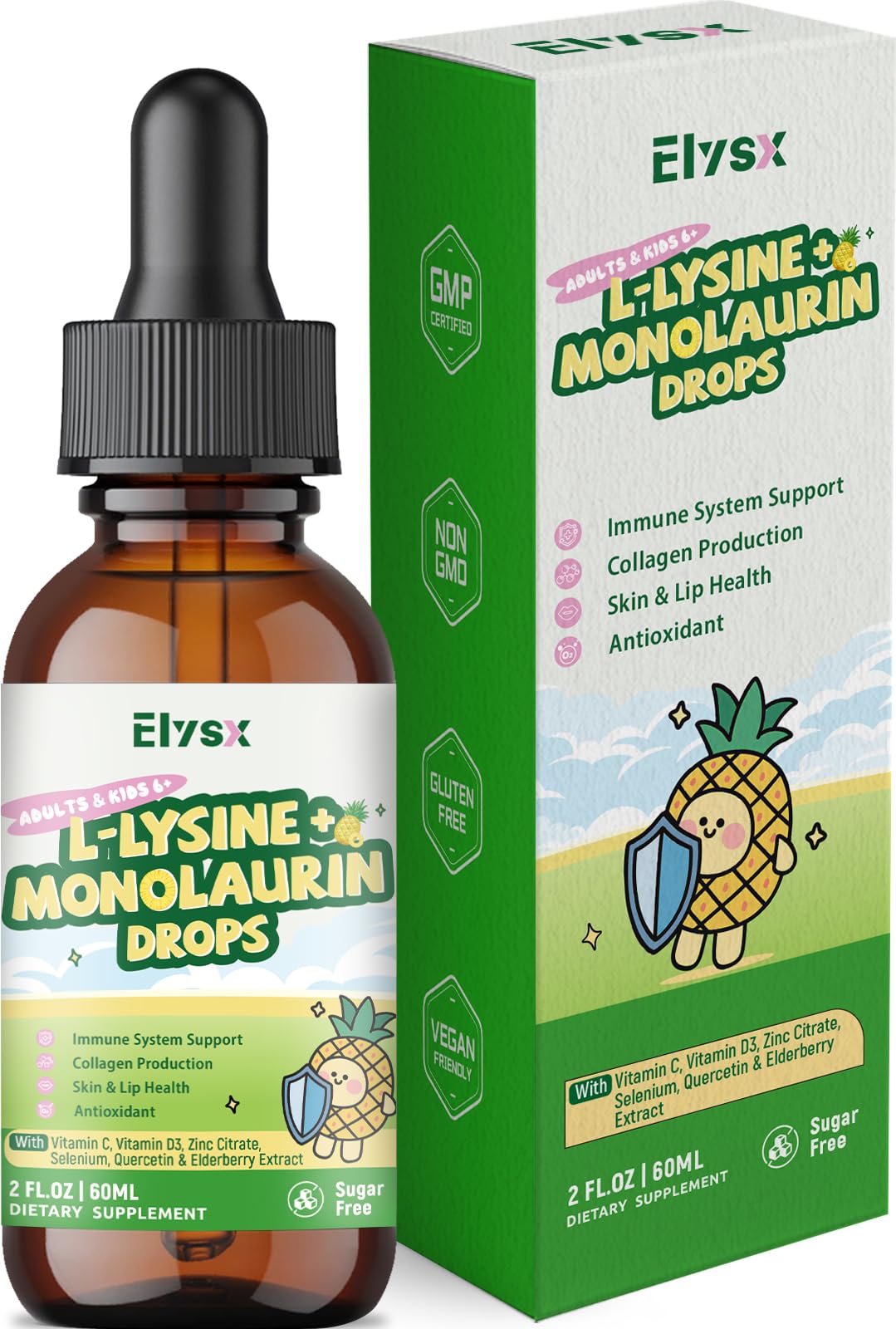 Elysx L-Lysine Monolaurin liquid drops in bottle support immune health.