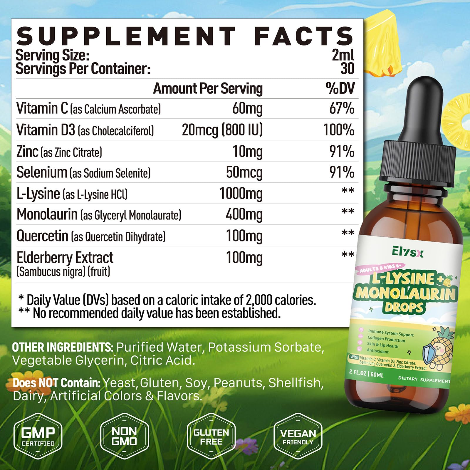 Elysx L-Lysine Monolaurin drops with pineapple flavor for easy daily dosing.