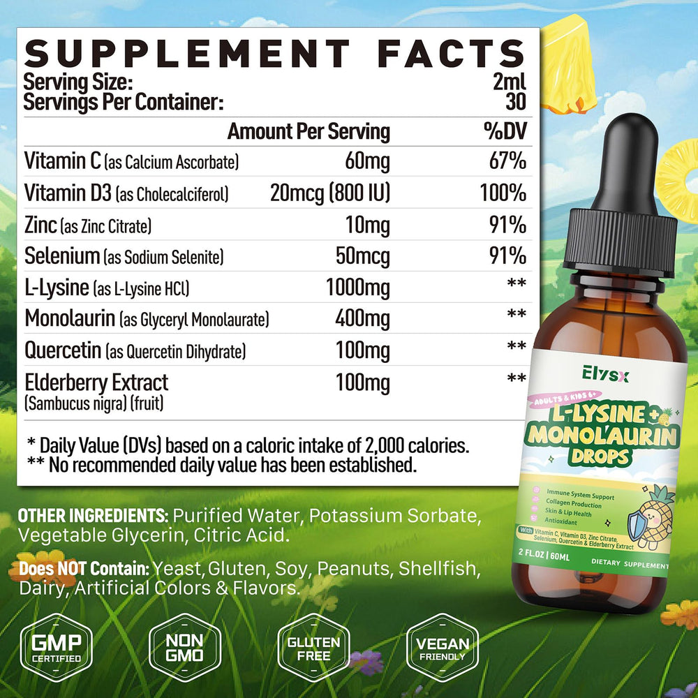 Elysx L-Lysine Monolaurin drops with pineapple flavor for easy daily dosing.