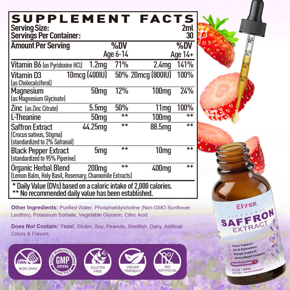 Elysx saffron drops under tongue application with strawberry flavor