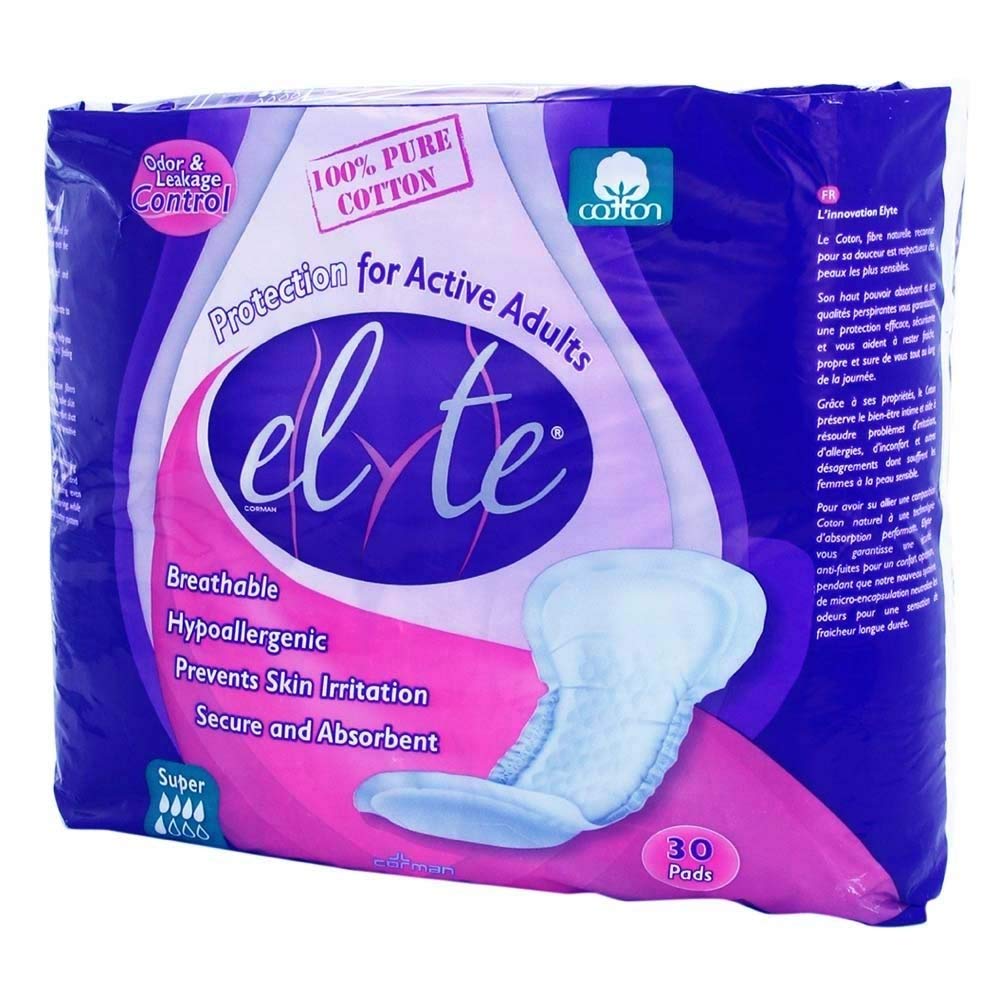 Elyte cotton incontinence pads in a 120-count case with breathable cotton core and secure adhesion.