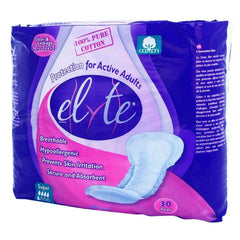 Elyte cotton incontinence pads in a 120-count case with breathable cotton core and secure adhesion.