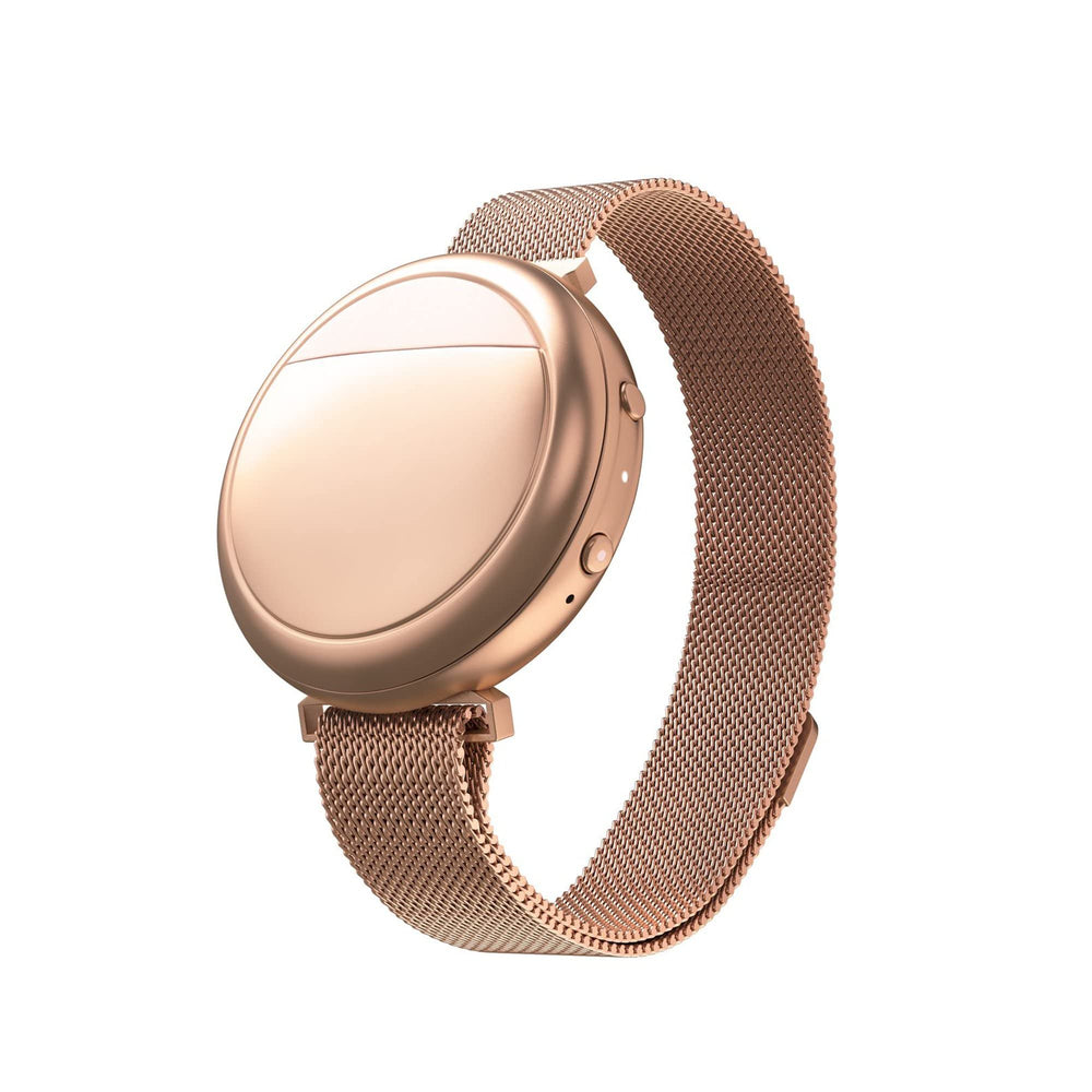 Embr Wave rose gold bracelet on the wrist, discreet cooling or warming.