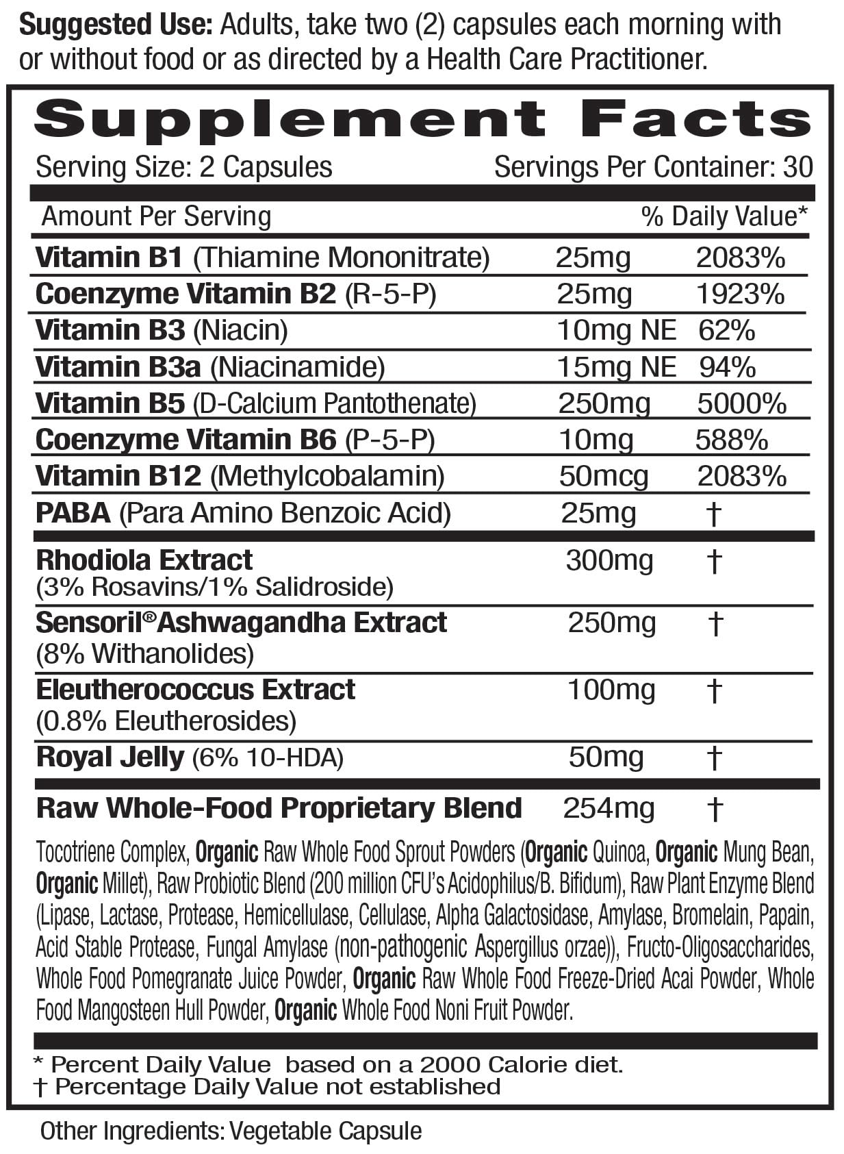 Emerald Labs Adrenal Health bottle label highlighting Sensoril Ashwagandha and B vitamins.