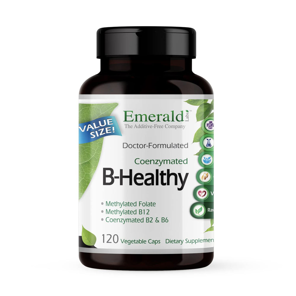 Emerald Labs B-Healthy bottle front highlights vegan B complex for daily wellness.