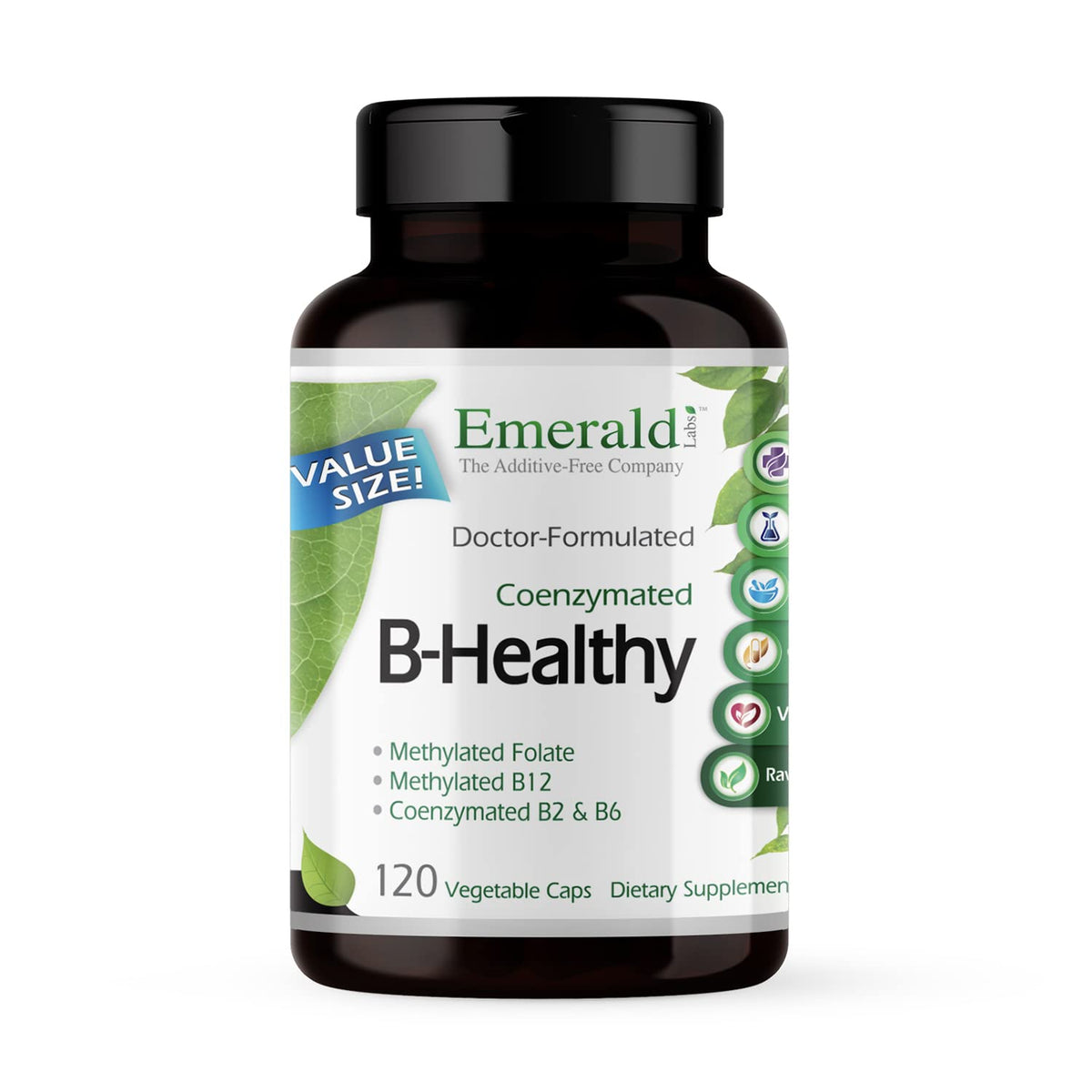 Emerald Labs B-Healthy bottle front highlights vegan B complex for daily wellness.