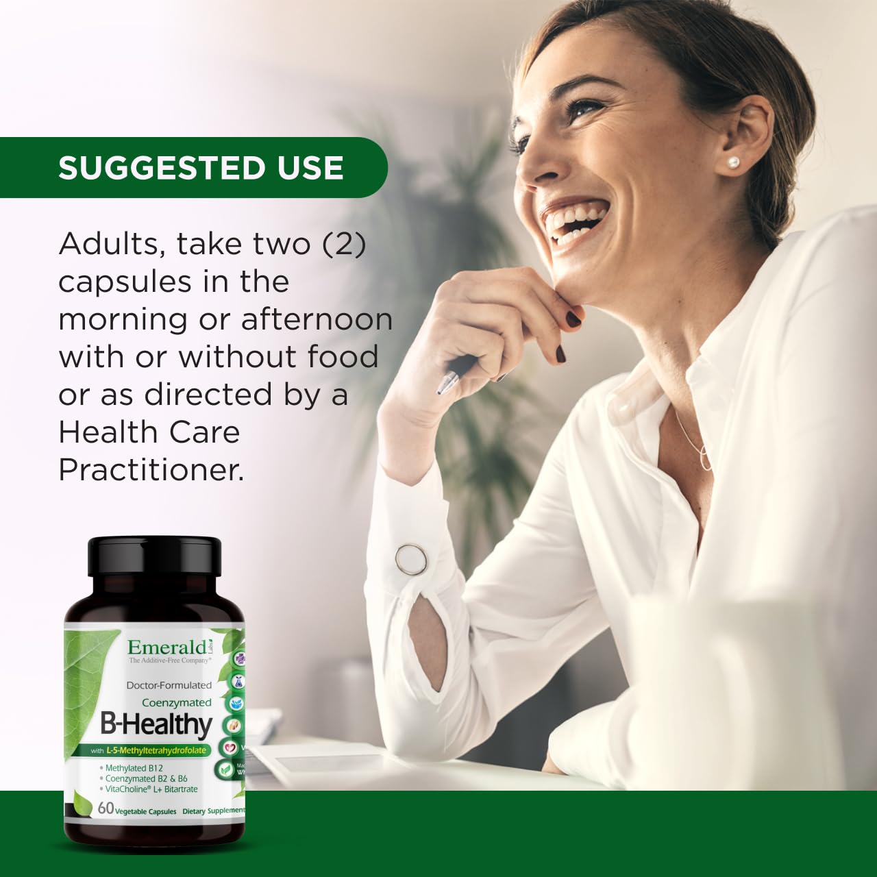 Emerald Labs B-Healthy capsules in a bottle, full spectrum B vitamins