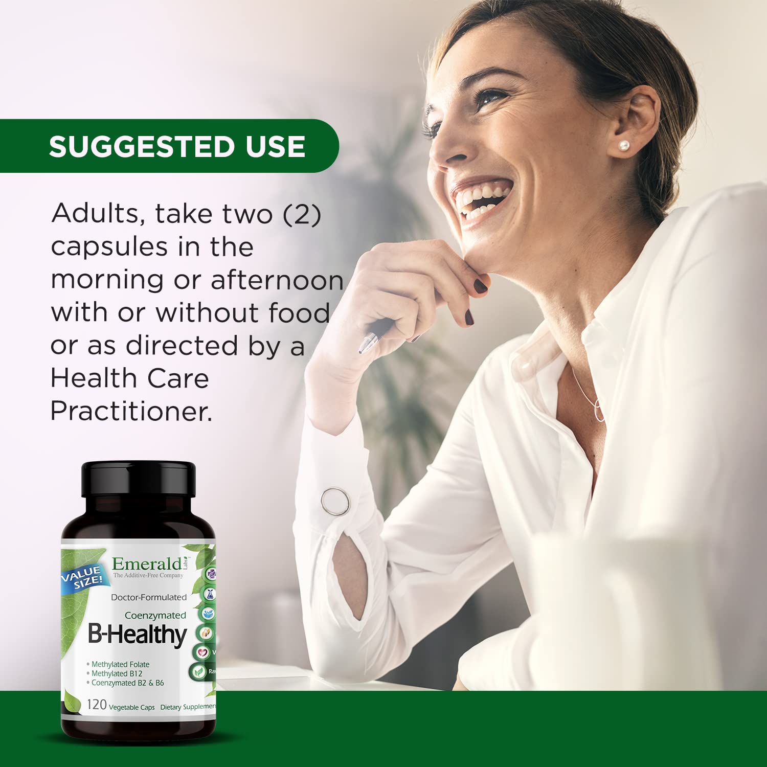 Emerald Labs B-Healthy full-spectrum B vitamins label emphasizes energy and focus support.