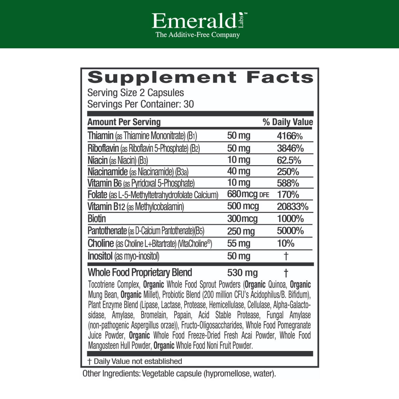 Emerald Labs B-Healthy label with vegan B complex information
