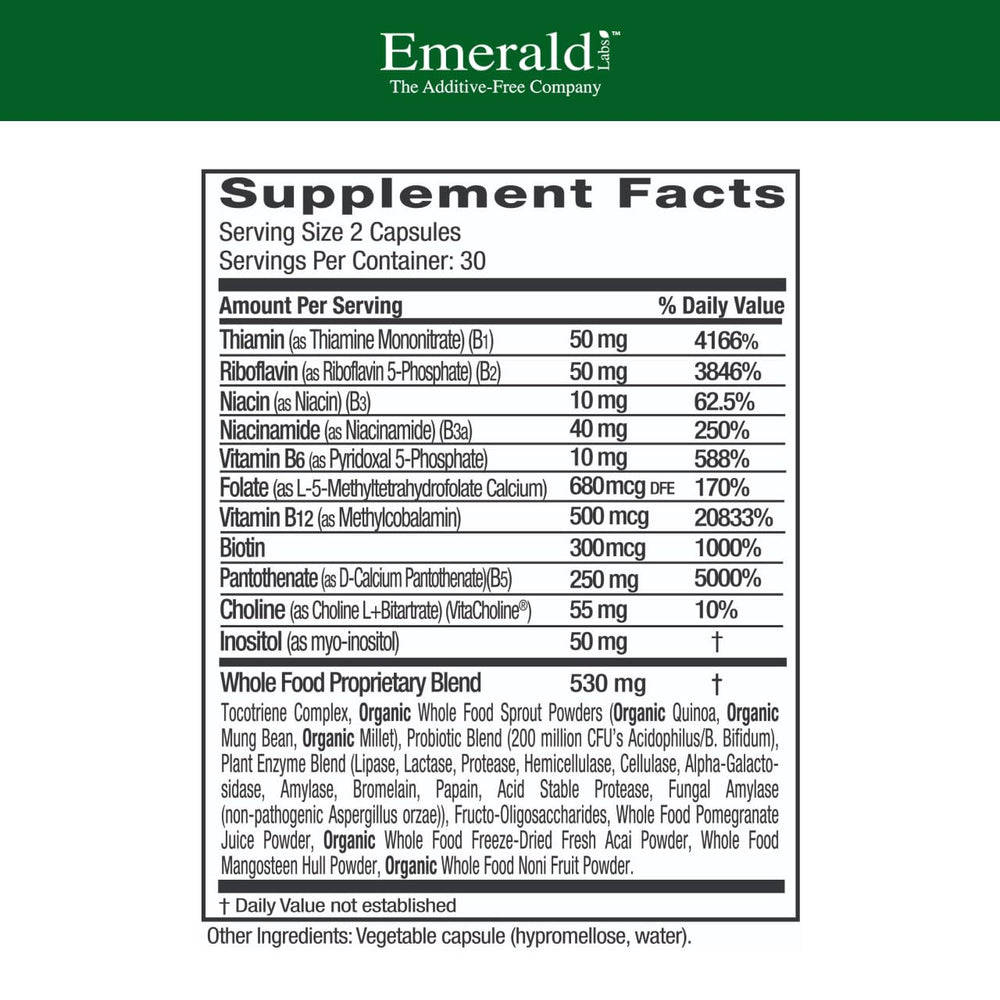 Emerald Labs B-Healthy label with vegan B complex information