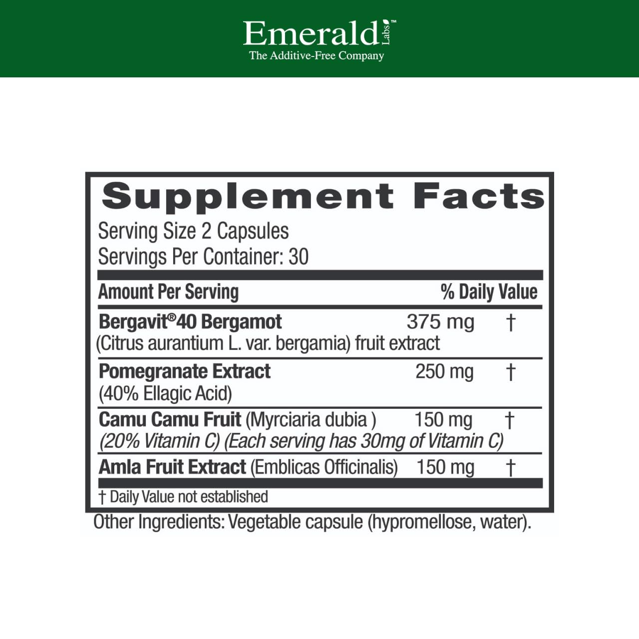Emerald Labs Bergamot+ capsules close-up highlights gluten-free vegan supplement for daily wellness.