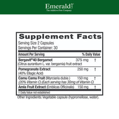 Emerald Labs Bergamot+ capsules close-up highlights gluten-free vegan supplement for daily wellness.