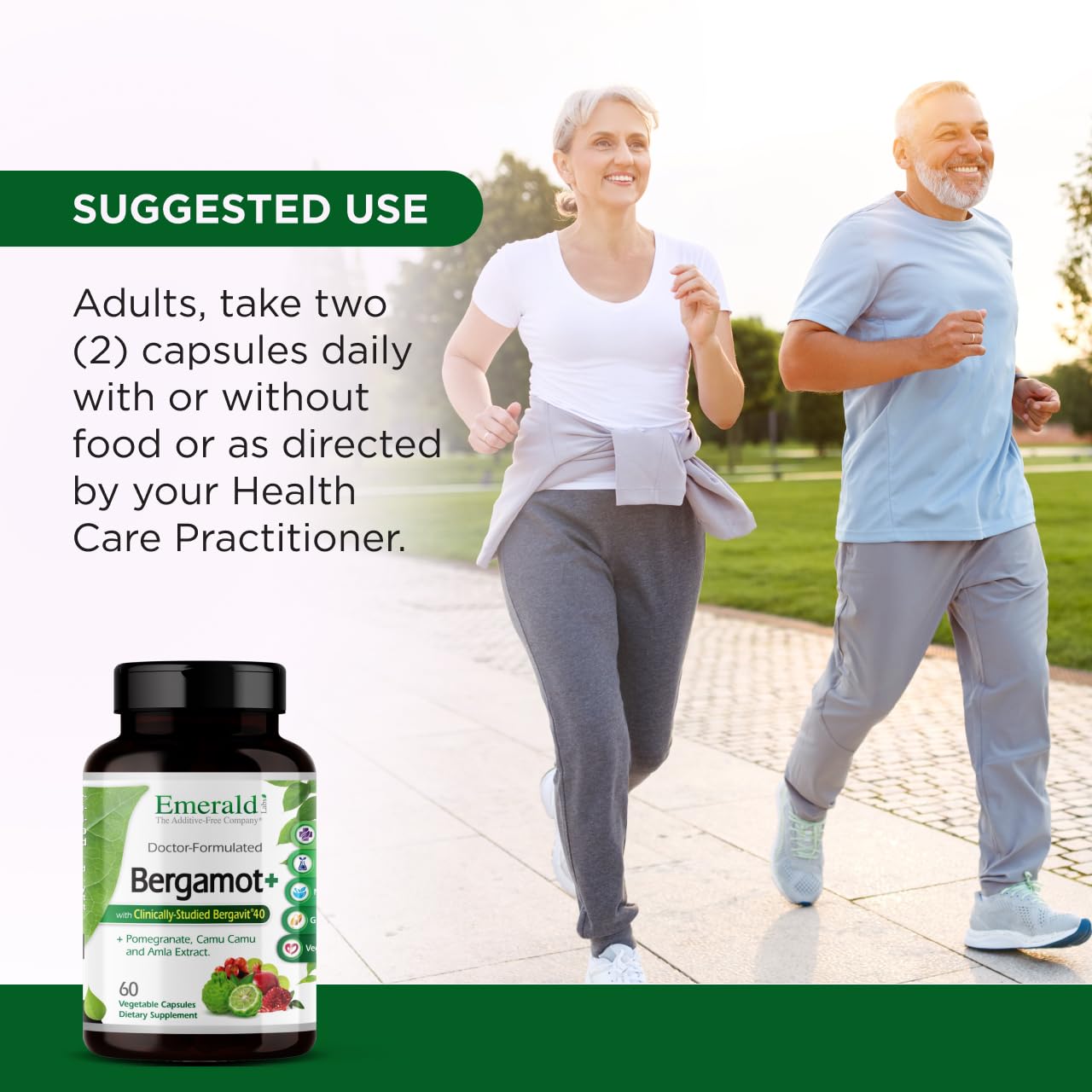 Emerald Labs Bergamot+ bottle with serving info promotes gluten-free vegan use.