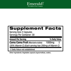 Emerald Labs Camu Camu label close-up showing natural ingredients