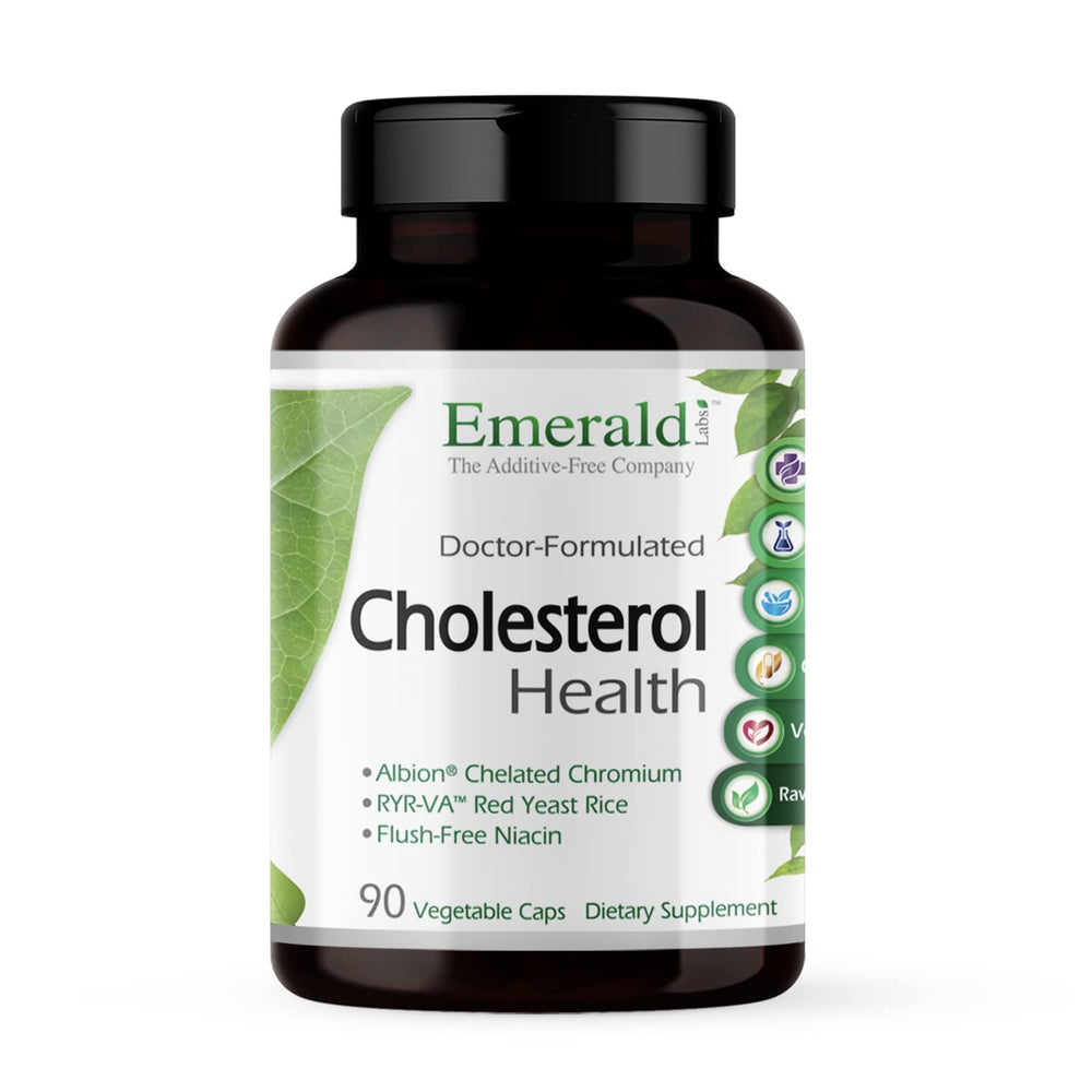 Emerald Labs Cholesterol Health bottle front with heart-friendly ingredients.
