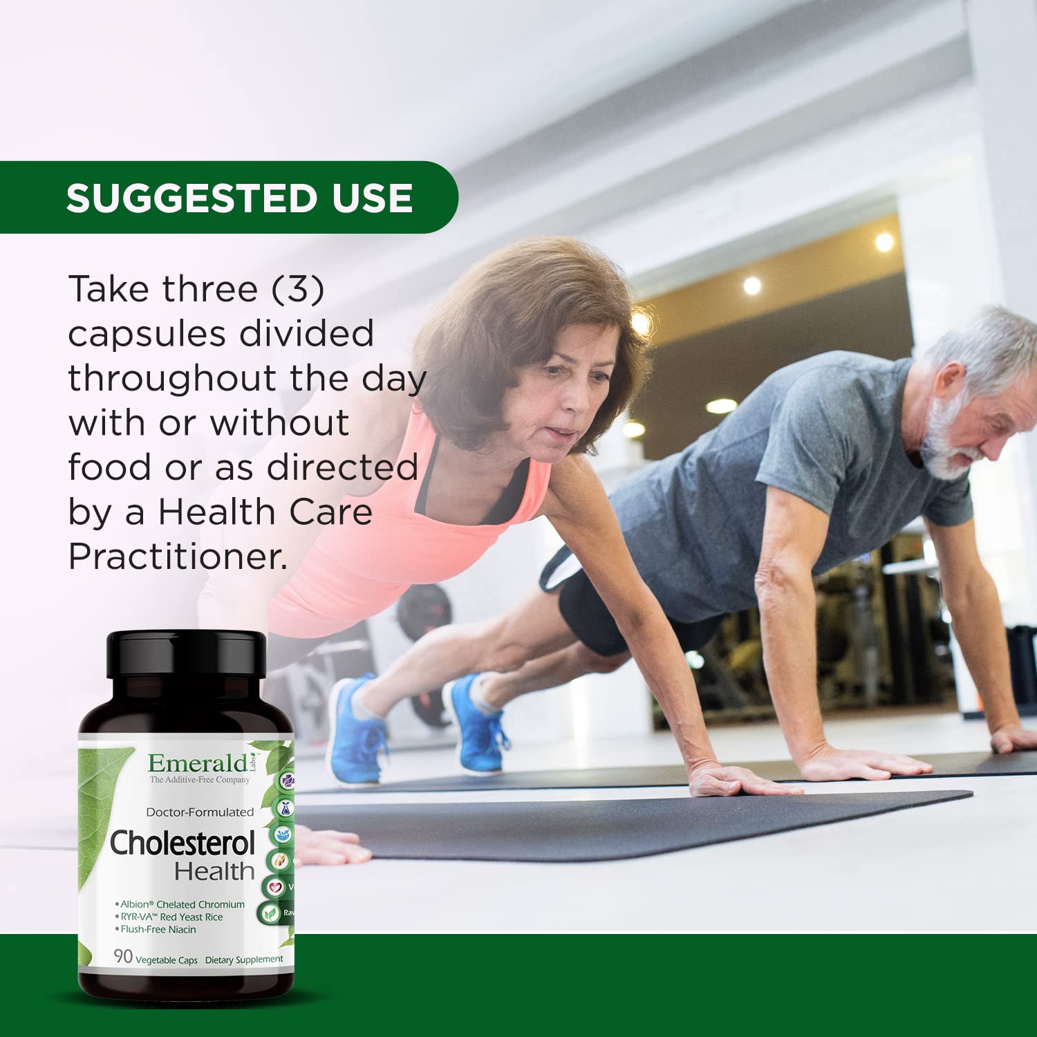 Emerald Labs Cholesterol Health ingredients panel showing additive-free formula.