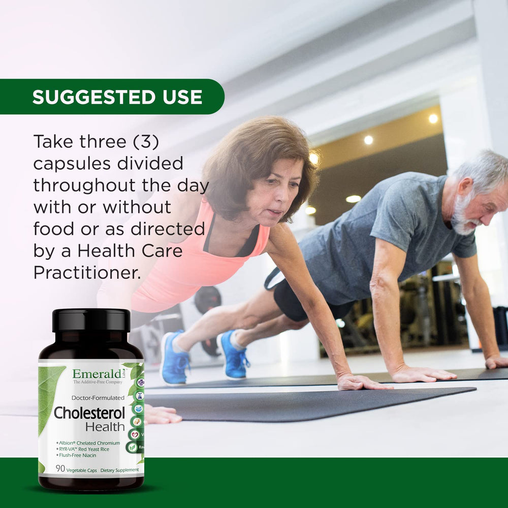 Emerald Labs Cholesterol Health ingredients panel showing additive-free formula.